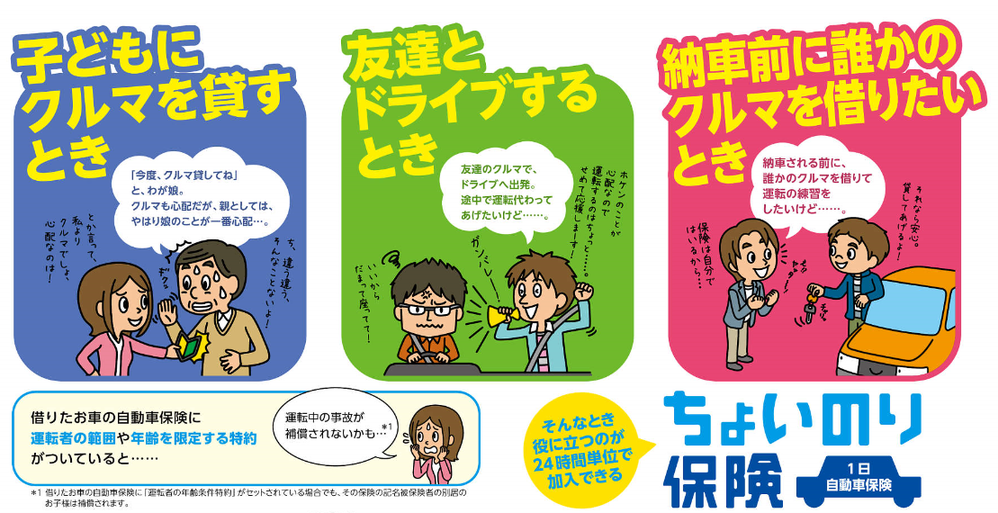 子どもに車を貸す時、友達とドライブするとき、納車前に誰かの車を借りたい時 24時間単位で加入できる ちょいのり保険